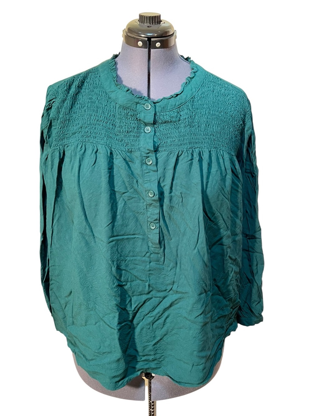 Lane Bryant Women’s Plus Size 26 Popover Half Button Blouse Hunter Green Smocked